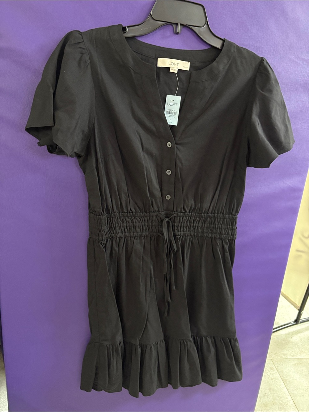 LOFT Black Short Sleeve Drawstring Waist Dress with Ruffle Hem